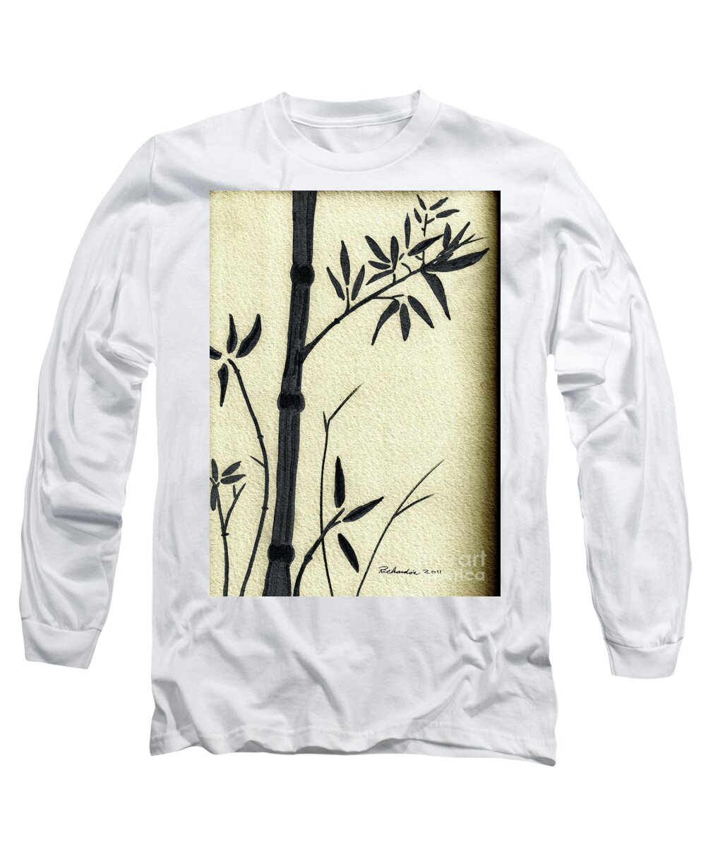Abstract Long Sleeve T-Shirt featuring the mixed media Zen Sumi Antique Bamboo 1a Black Ink on Fine Art Watercolor Paper by Ricardos by Ricardos Creations