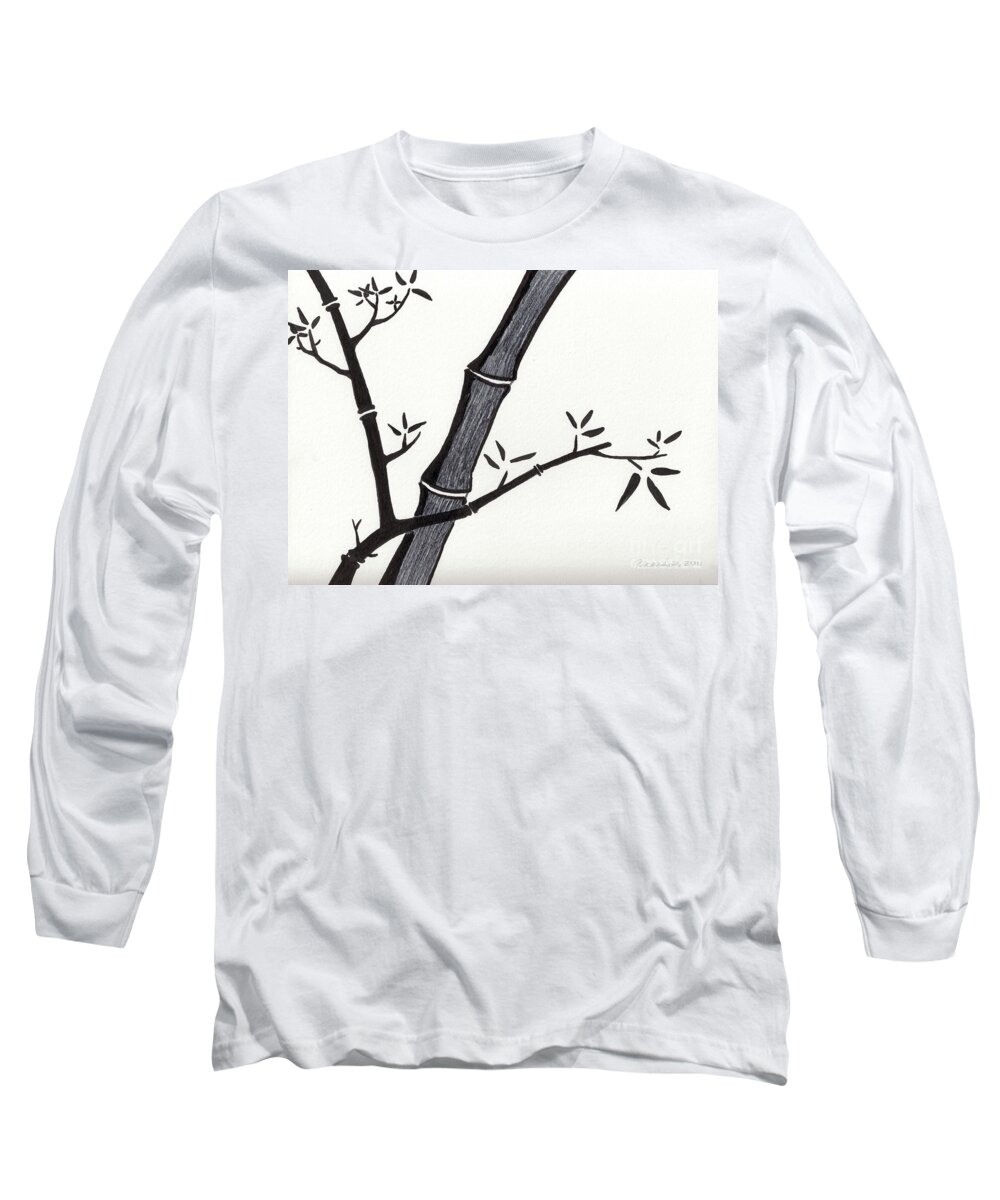 Abstract Long Sleeve T-Shirt featuring the drawing Zen Sumi Bamboo 2a Black Ink on Watercolor Paper by Ricardos by Ricardos Creations
