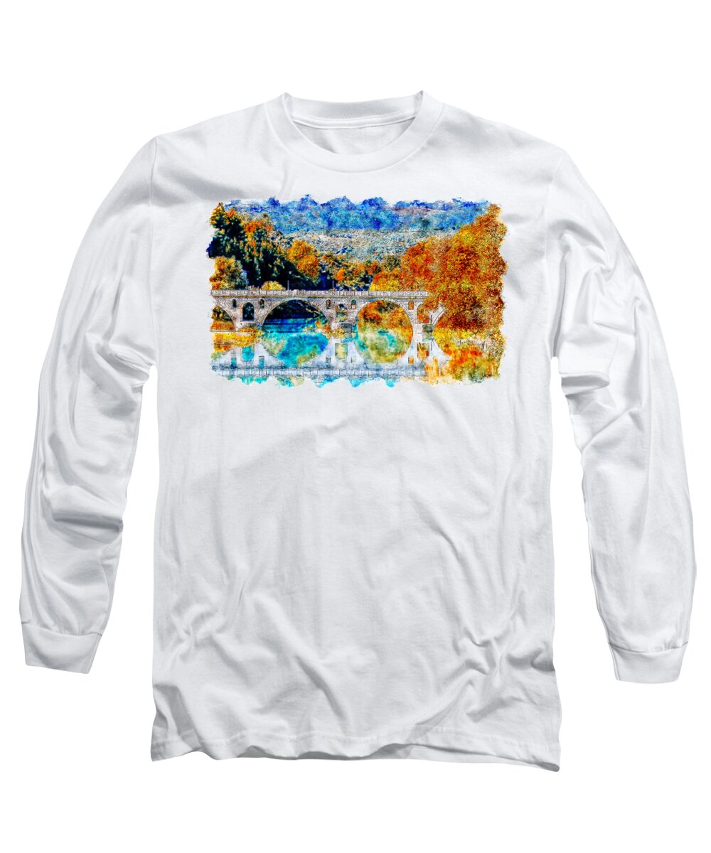 Art Long Sleeve T-Shirt featuring the drawing Lake Bridge watercolor drawing #1 by Hasan Ahmed