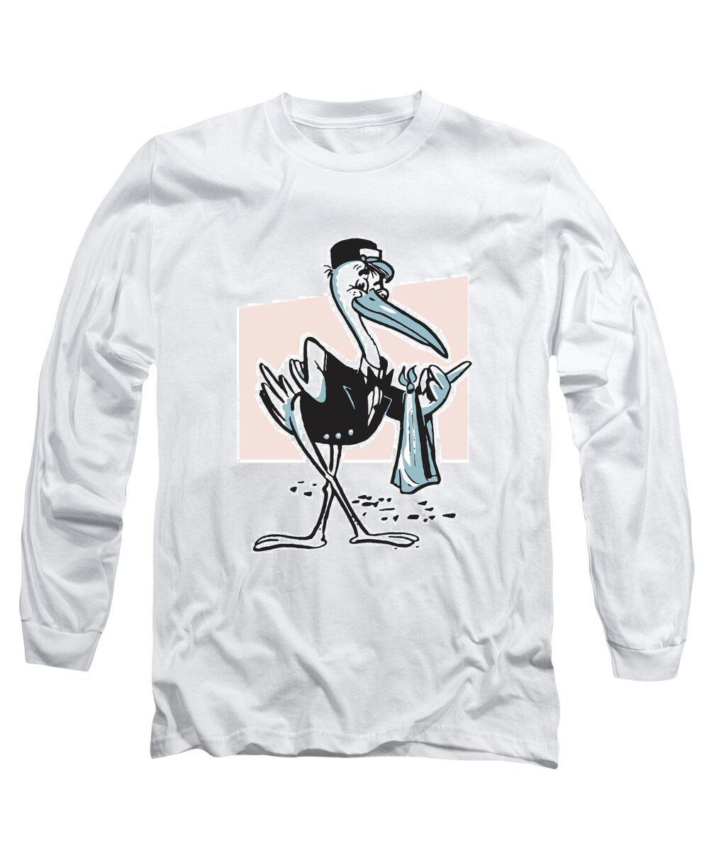 Announce Long Sleeve T-Shirt featuring the drawing Stork After Delivery #1 by CSA Images