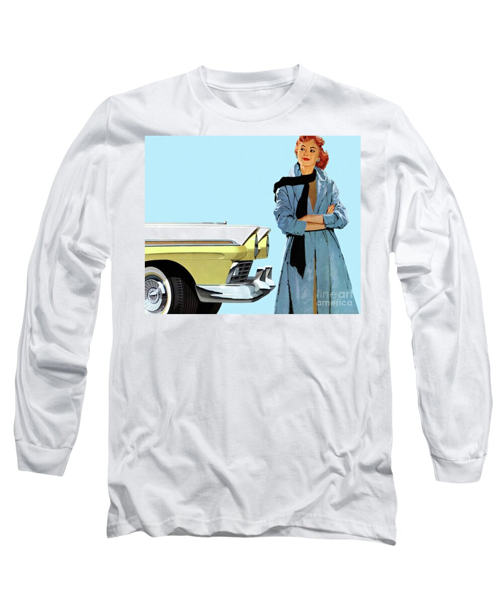 Vintage Long Sleeve T-Shirt featuring the mixed media 1950s Fashion Model With Ford Fairlane by Retrographs