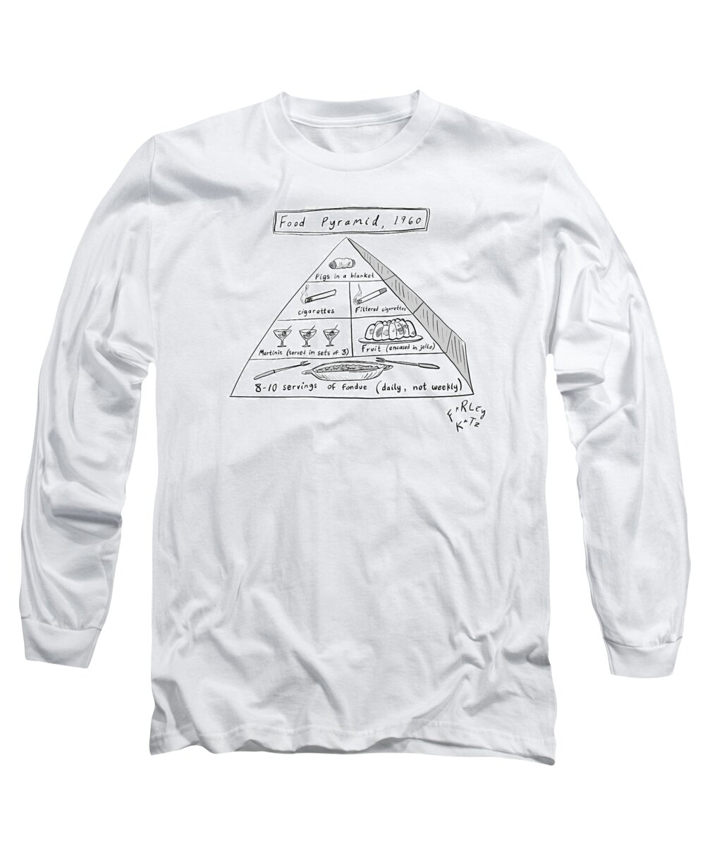  Food Pyramid Long Sleeve T-Shirt featuring the drawing 1960s Food Pyramid by Farley Katz