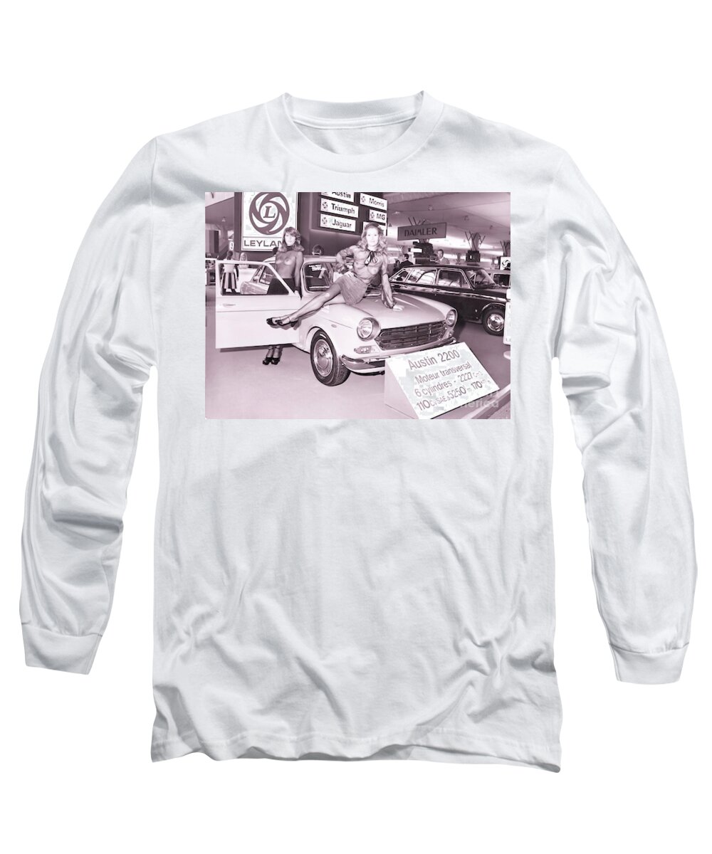 Vintage Long Sleeve T-Shirt featuring the photograph 1960s Motor Show Austin 2200 With Women In See Thru Clothes by Retrographs