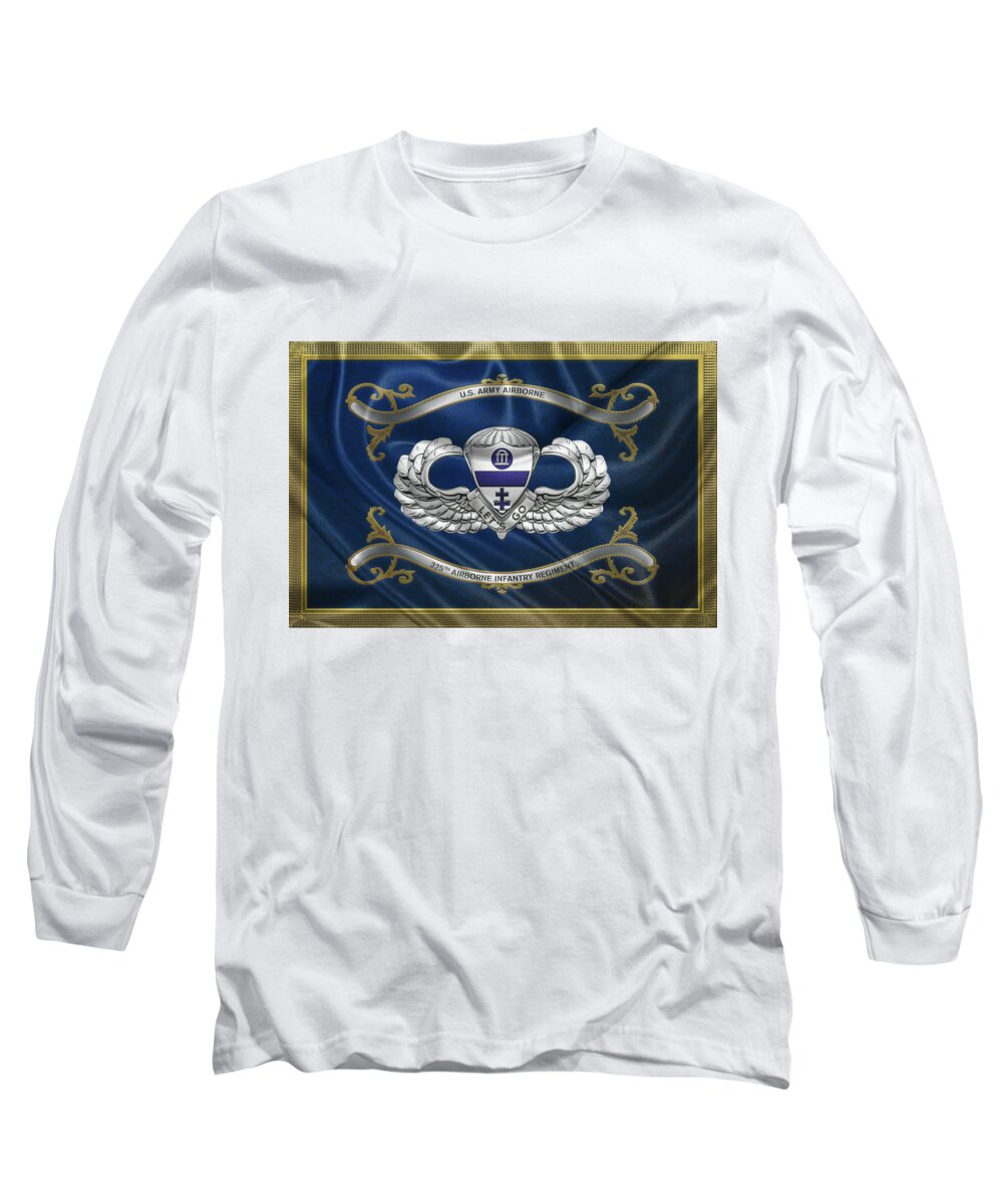 Military Insignia & Heraldry By Serge Averbukh Long Sleeve T-Shirt featuring the digital art 325th Airborne Infantry Regiment - 325th A I R Insignia with Parachutist Badge over Flag by Serge Averbukh