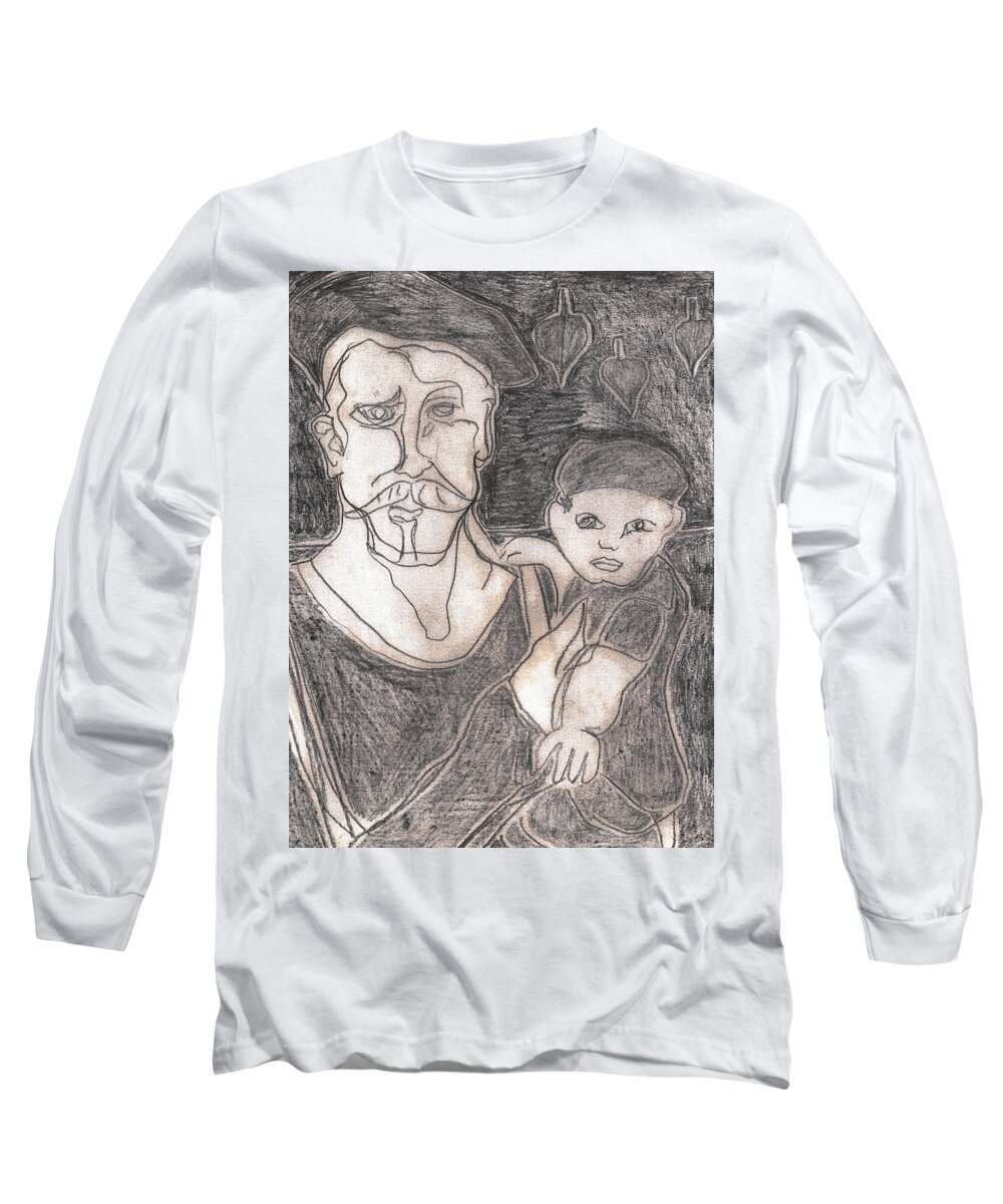 Drawing Long Sleeve T-Shirt featuring the drawing After Billy Childish Pencil Drawing 19 by Edgeworth Johnstone
