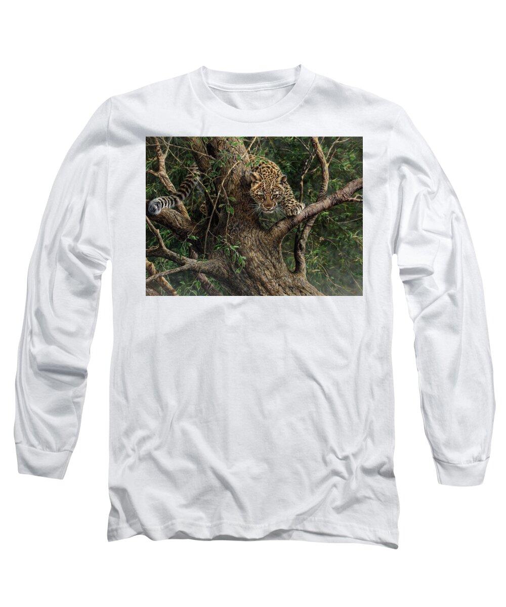 Paintings Long Sleeve T-Shirt featuring the painting Amur Leopard Cub Climbing a Tree by Alan M Hunt