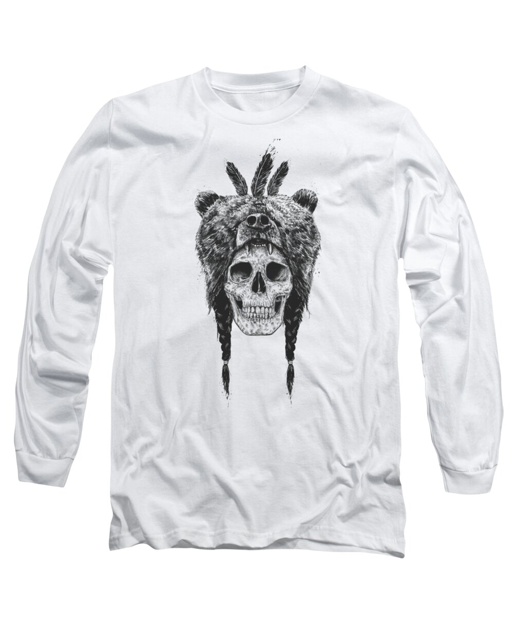 Skull Long Sleeve T-Shirt featuring the mixed media Dead shaman by Balazs Solti
