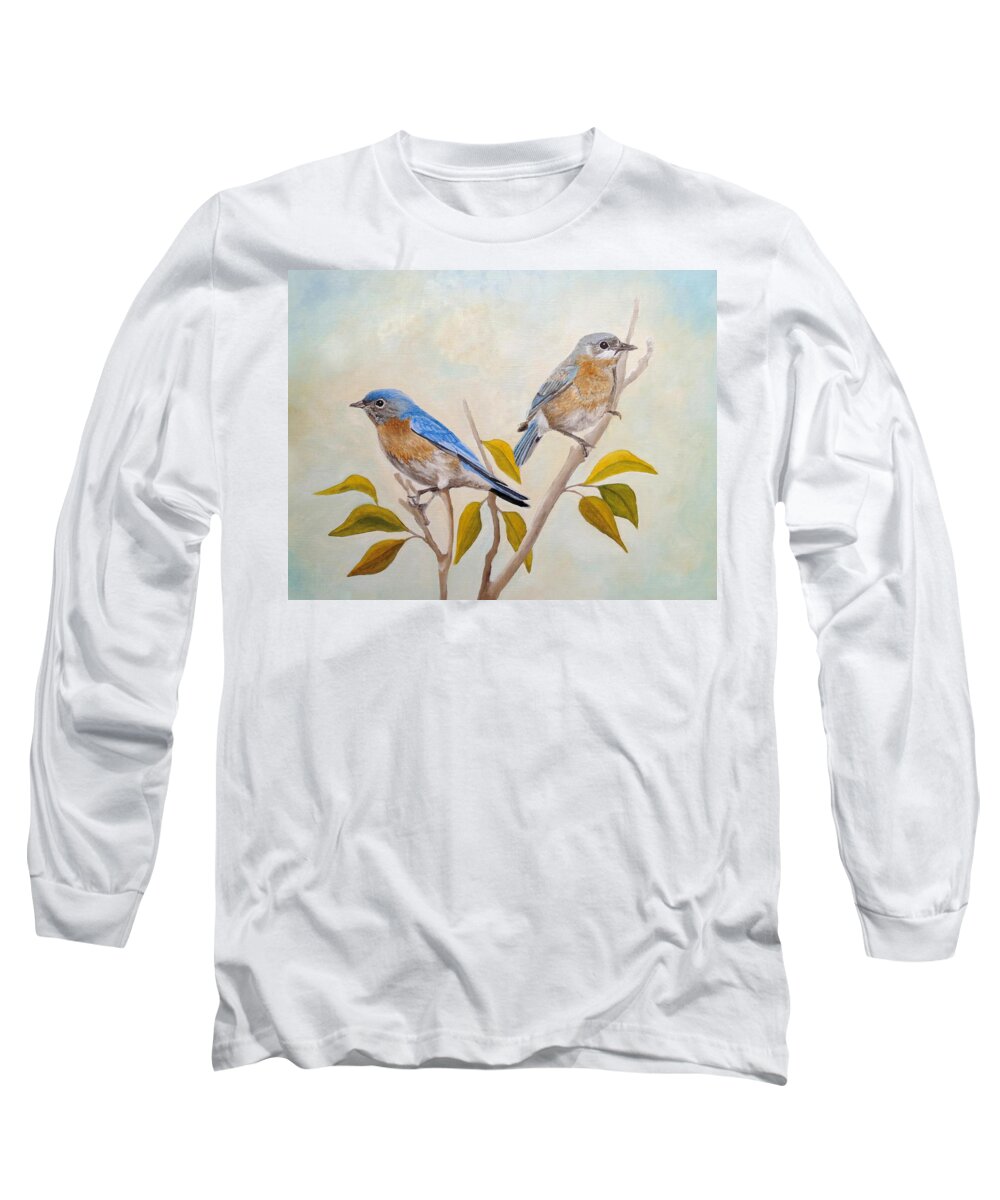 Bluebird Long Sleeve T-Shirt featuring the painting Stillness Of Heart by Angeles M Pomata