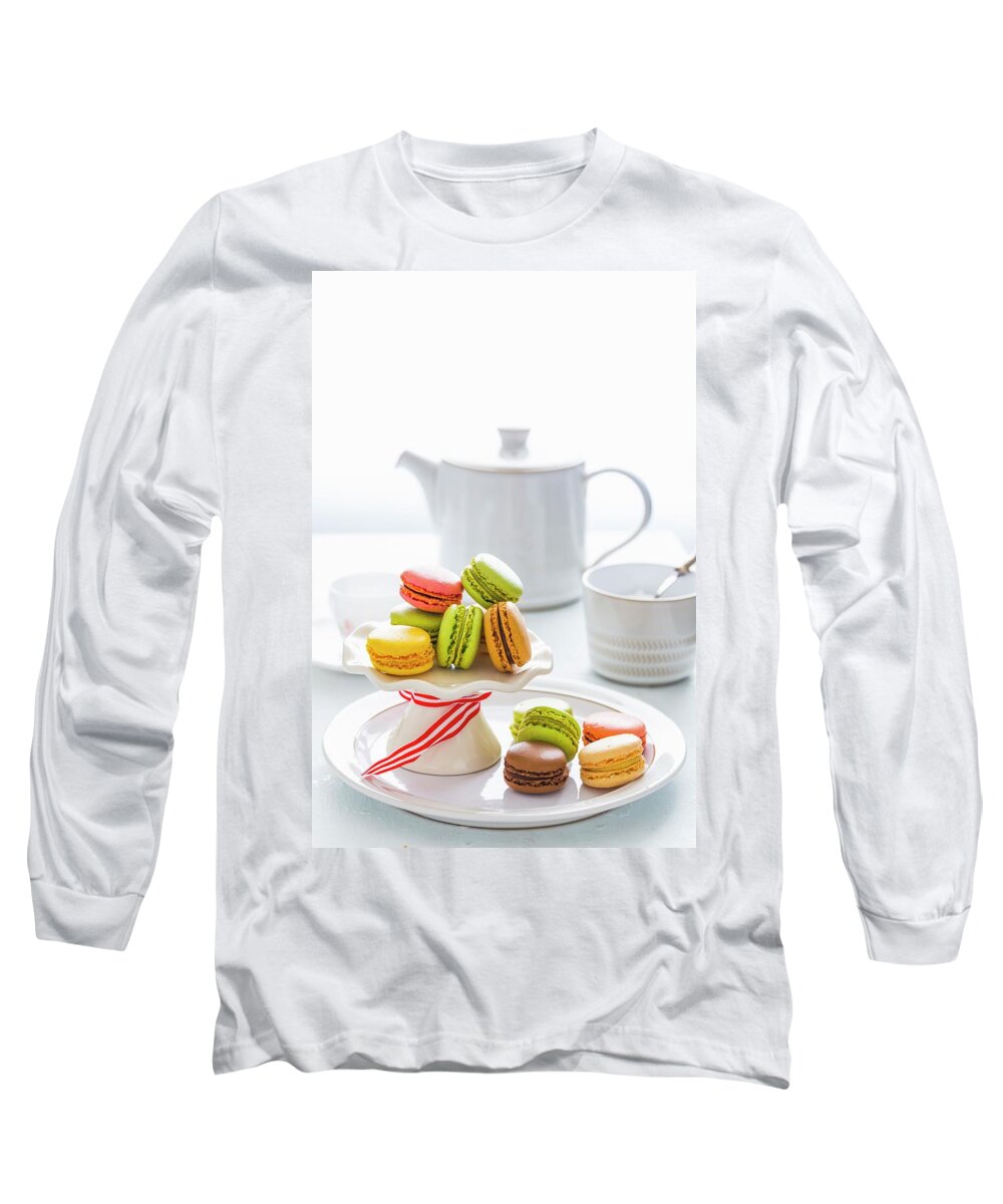 Ip_12304488 Long Sleeve T-Shirt featuring the photograph Assorted Colorful Macarons On Cake Stand To Be Served At Tea Time by Sandhya Hariharan