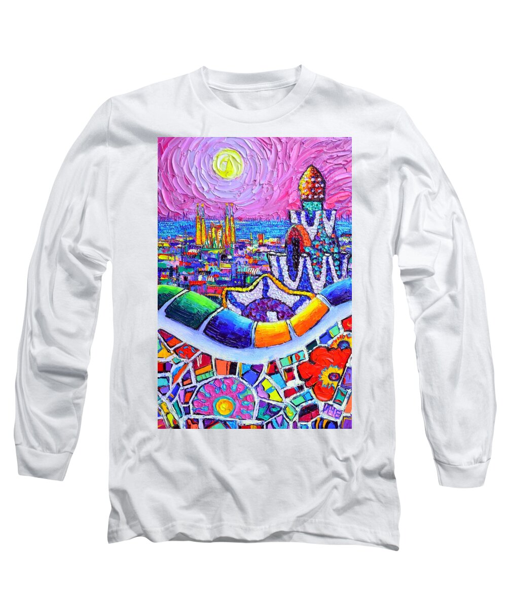 Barcelona Long Sleeve T-Shirt featuring the painting BARCELONA PARK GUELL COLORFUL NIGHT textural impasto knife oil painting abstract Ana Maria Edulescu by Ana Maria Edulescu