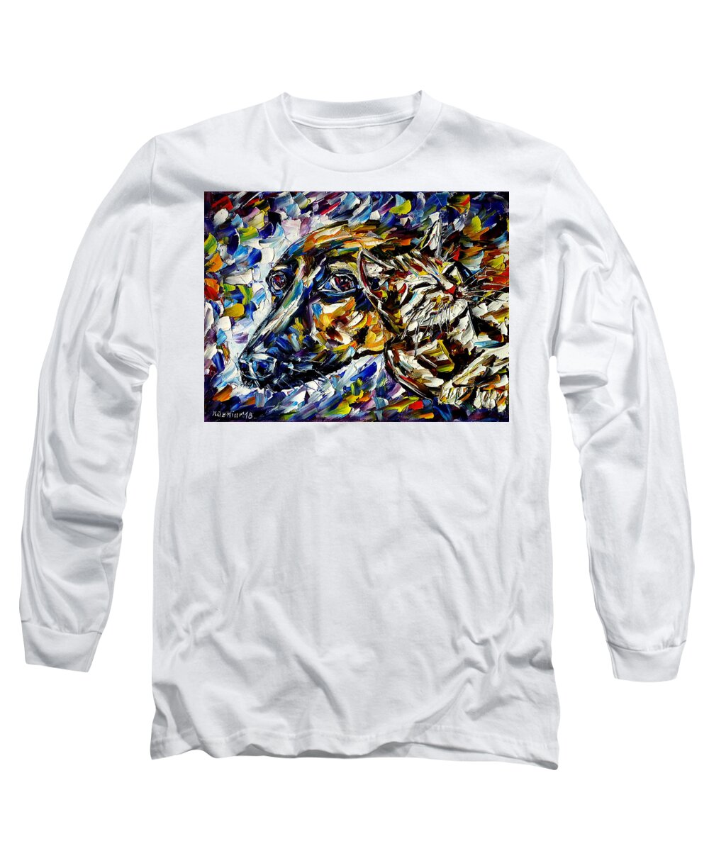 Cat And Dog Scene Long Sleeve T-Shirt featuring the painting Best Friends II by Mirek Kuzniar