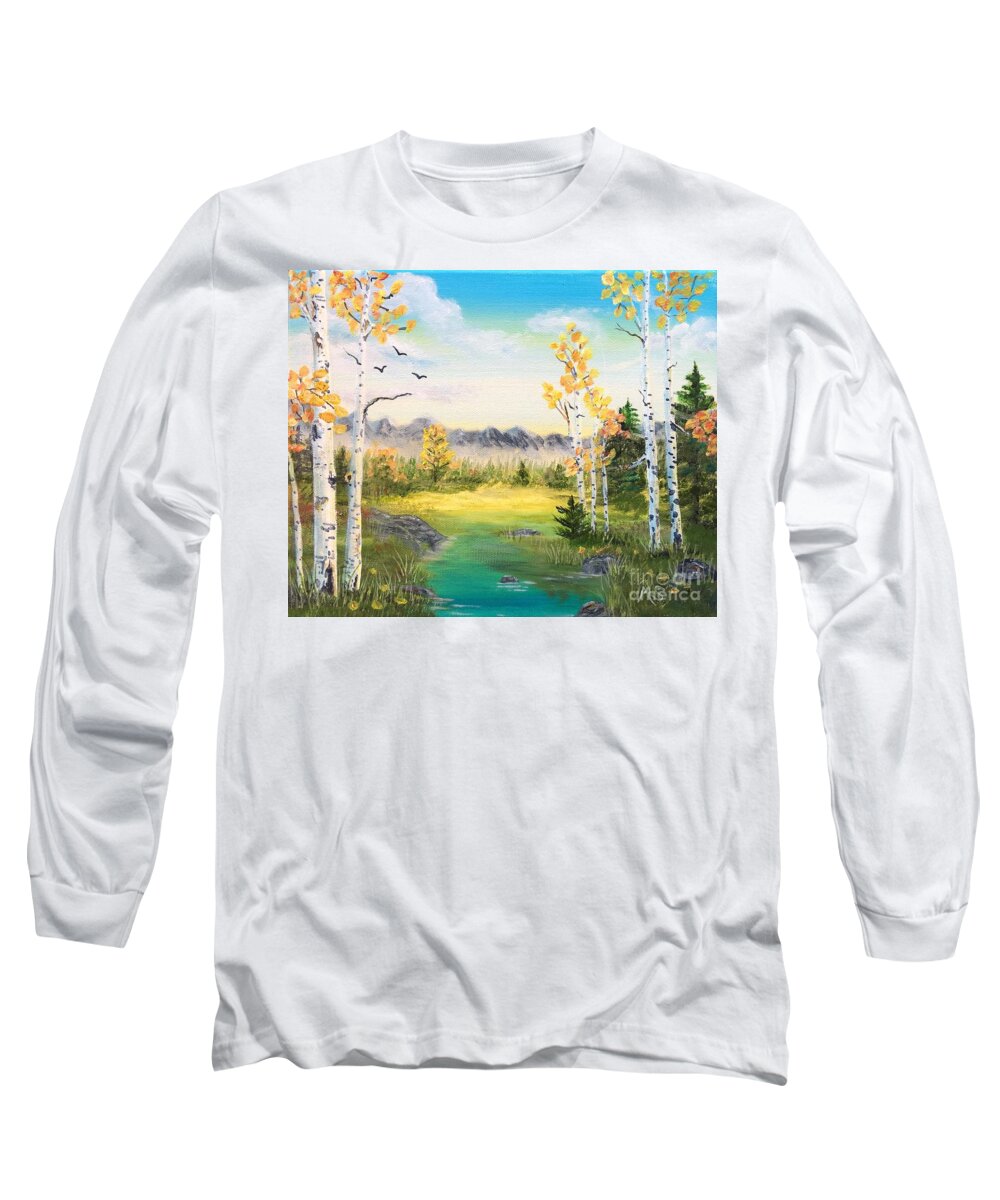 Birch Long Sleeve T-Shirt featuring the painting Birches By The Creek by Monika Shepherdson