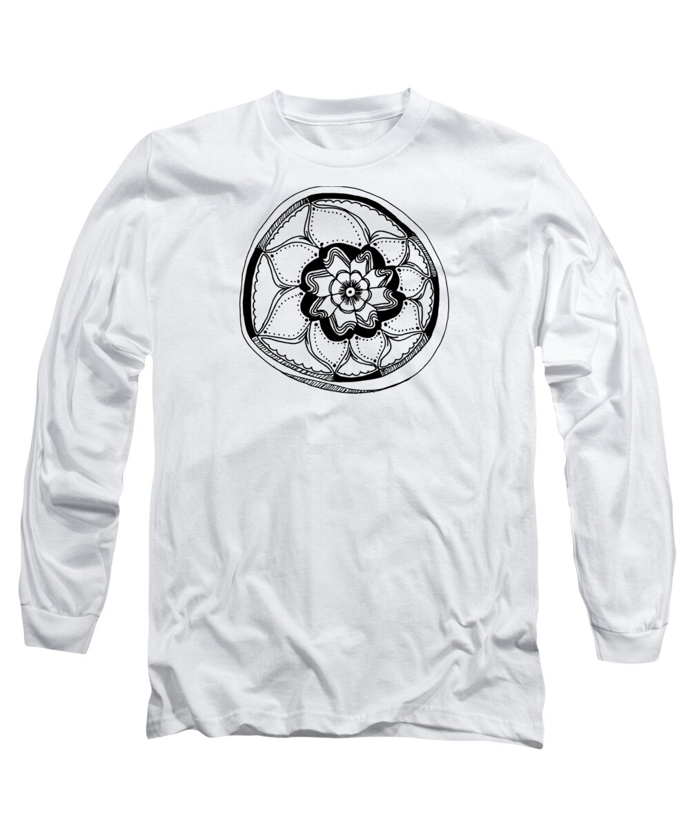 Ink Drawing Long Sleeve T-Shirt featuring the drawing Black Flower Mandala by Lisa Blake