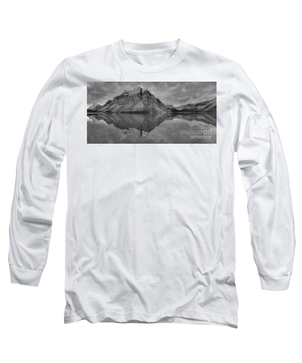 Bow Lake Long Sleeve T-Shirt featuring the photograph Bow Lake Summer Sunrise Reflections Black And White by Adam Jewell