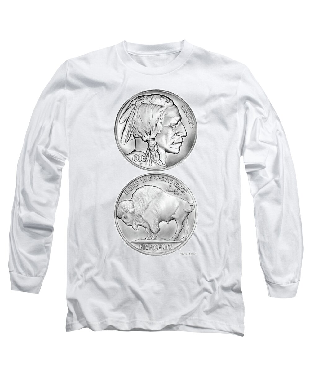 Coin Long Sleeve T-Shirt featuring the drawing Buffalo Indian Nickel 1936 by Greg Joens