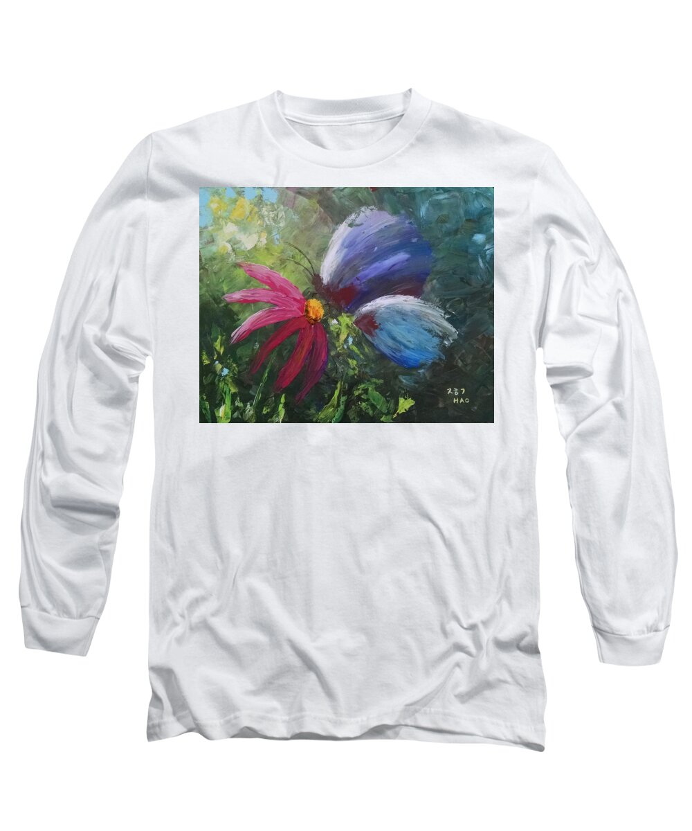 Butterfly Long Sleeve T-Shirt featuring the painting Butterfly on a Flower by Helian Cornwell