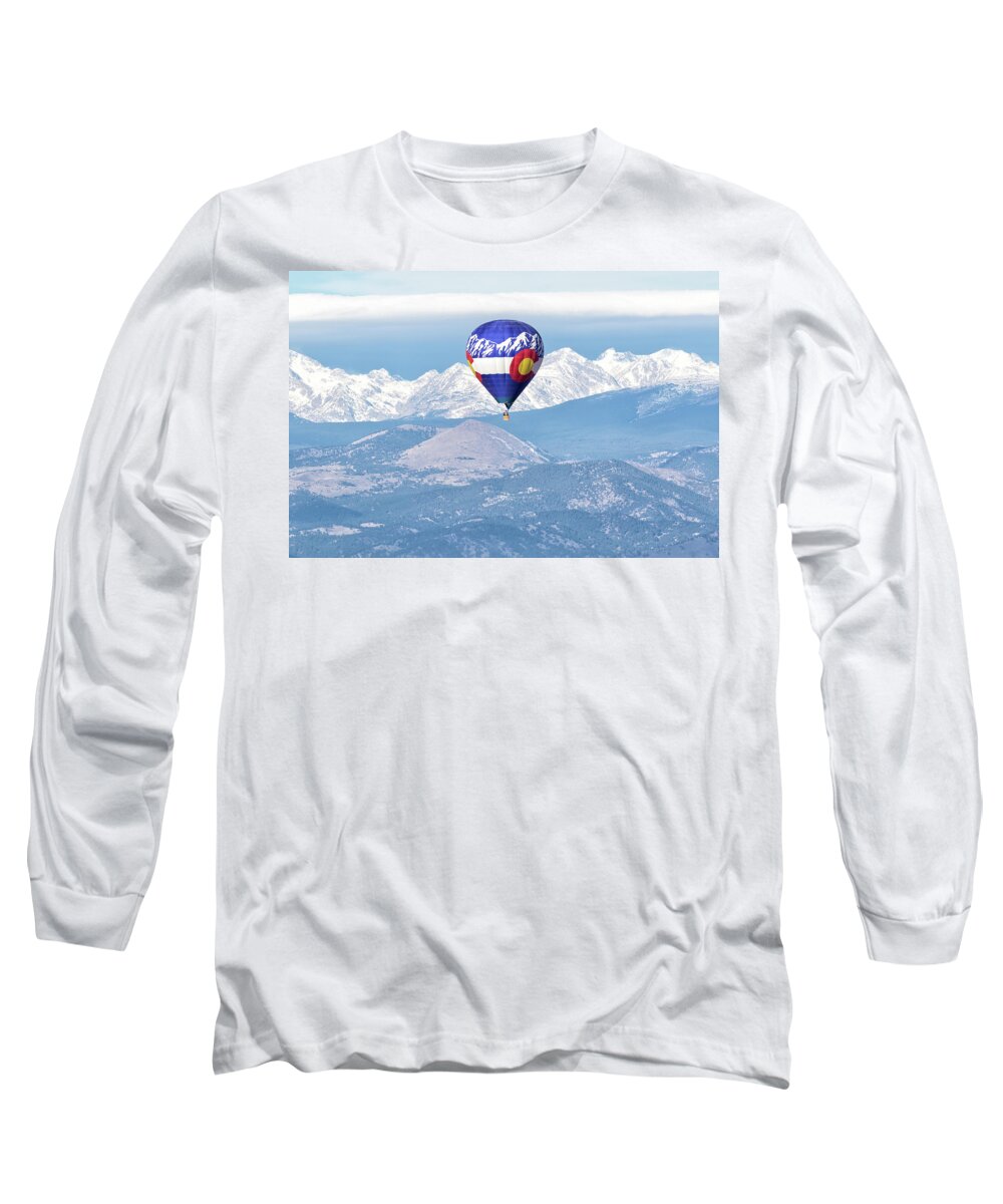 Balloon Long Sleeve T-Shirt featuring the photograph Colorado Hot Air Balloon and the Rocky Mountains by Tony Hake