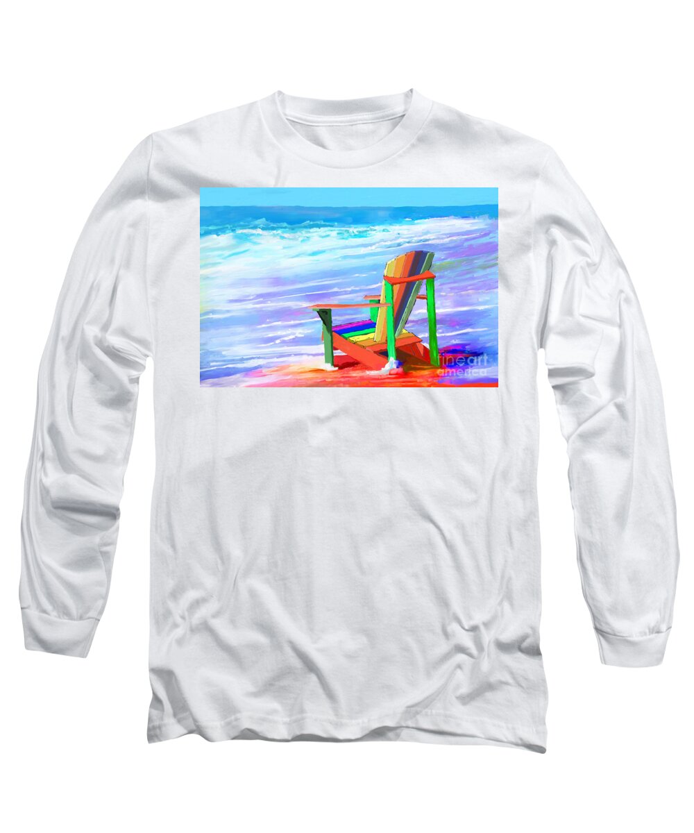 Digital Mixed Media Long Sleeve T-Shirt featuring the painting Colorful Beach Chairs by Kathy Strauss