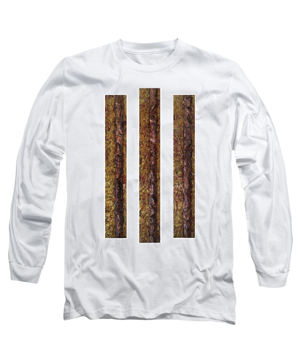 Gold Long Sleeve T-Shirt featuring the mixed media Copper and Gold Triptych by Christopher Schranck