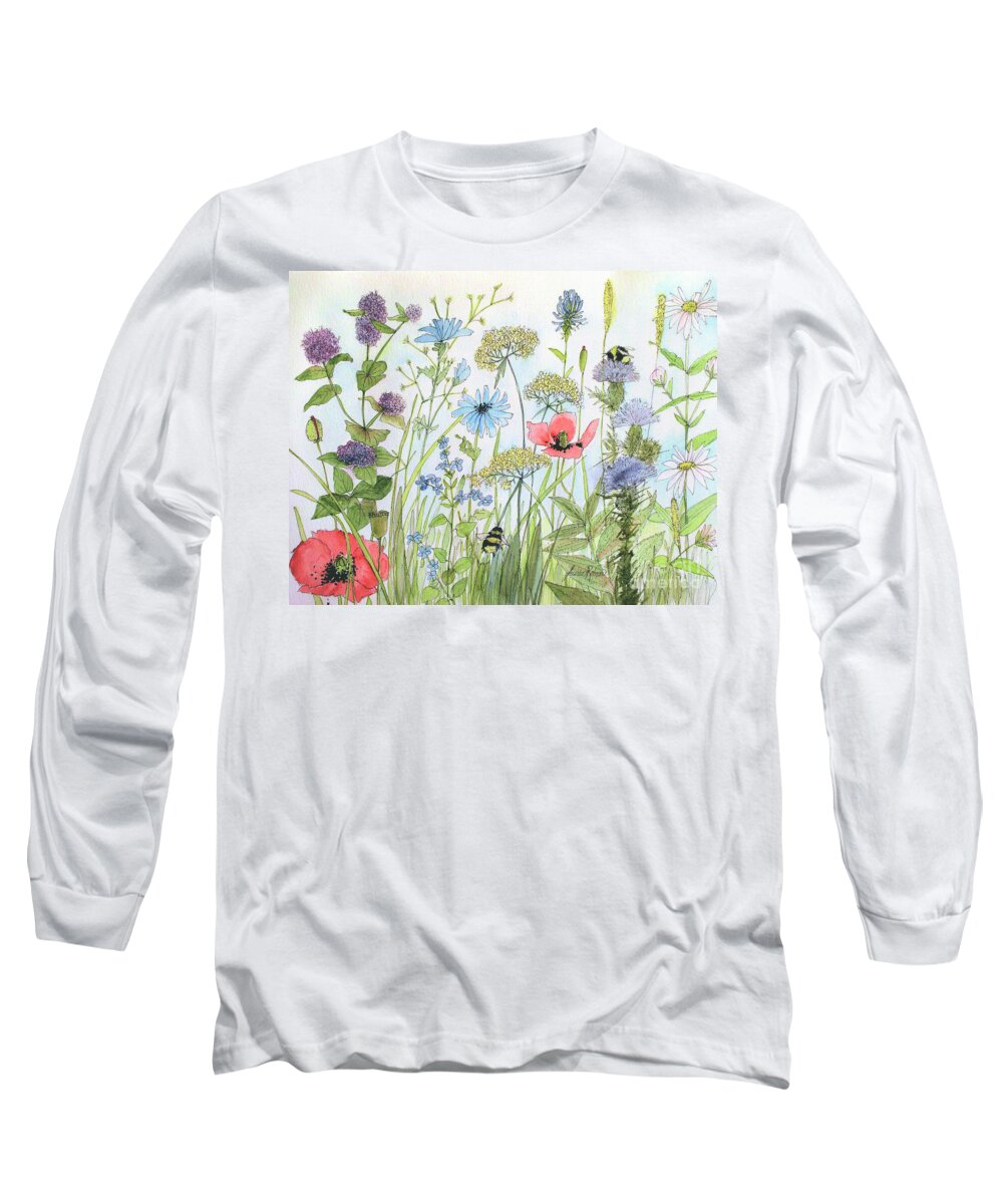 Flowers Long Sleeve T-Shirt featuring the painting Cottage Flowers and Bees by Laurie Rohner