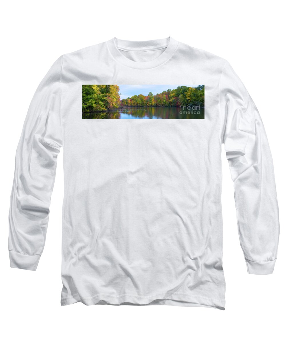 Davidsons Mill Pond Long Sleeve T-Shirt featuring the photograph Davidson's Mill Pond Autumn Panorama by Michael Ver Sprill