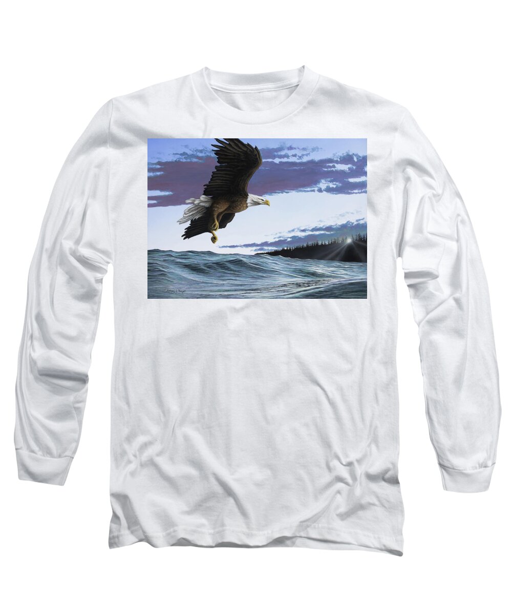 Landscape Long Sleeve T-Shirt featuring the painting Eagle in Flight by Anthony J Padgett
