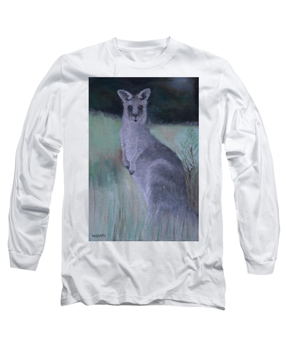 Kangaroo Long Sleeve T-Shirt featuring the painting Eastern grey kangaroo by Masami IIDA
