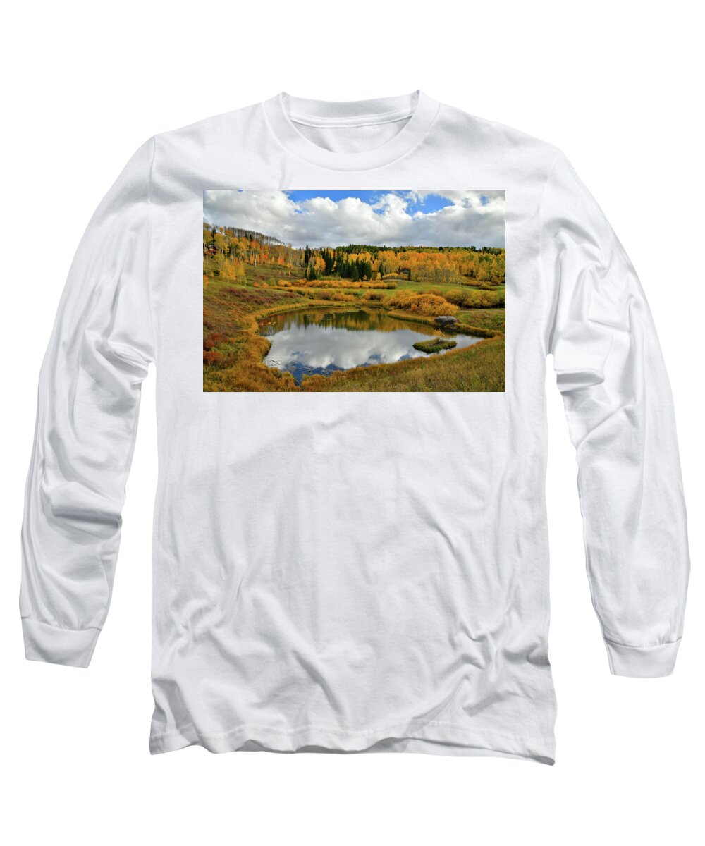 Highway 145 Long Sleeve T-Shirt featuring the photograph Fall Colors and Clouds Reflected in Mountain Village Pond by Ray Mathis