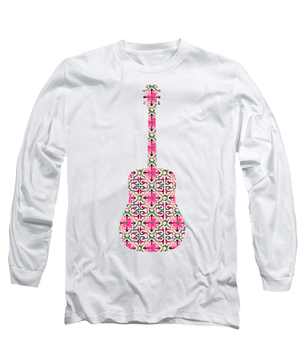 Guitar Silhouette Long Sleeve T-Shirt featuring the painting Flamenco Guitar - 10 by AM FineArtPrints