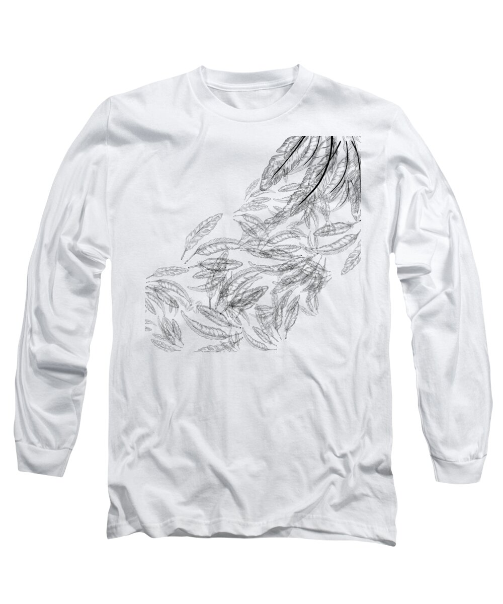 Feather Long Sleeve T-Shirt featuring the drawing Flying feathers by Patricia Piotrak