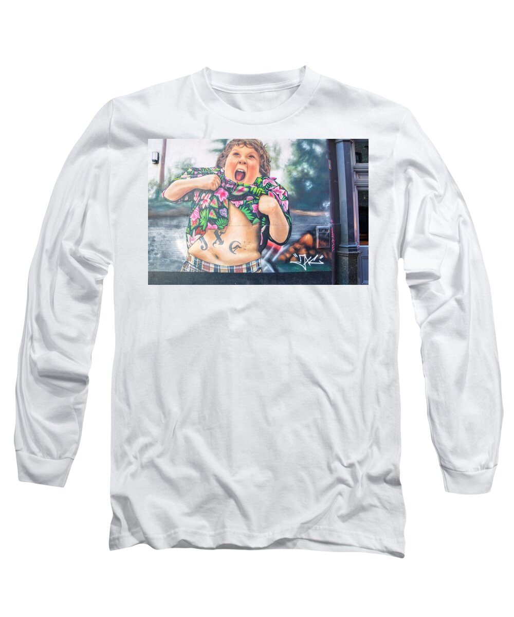 Graffiti Art Painting Long Sleeve T-Shirt featuring the photograph Graffiti art painting of Chunk from the Goonies by Raymond Hill