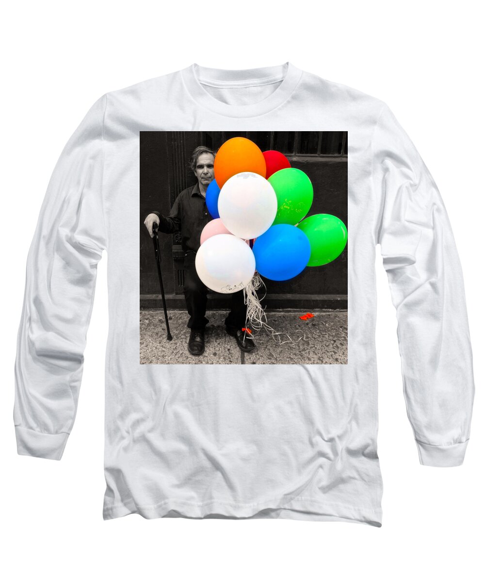 Black And White Photo Of Older Gentleman With Cane Holding Colored Balloons Long Sleeve T-Shirt featuring the photograph Grandpops Balloons by Joan Reese