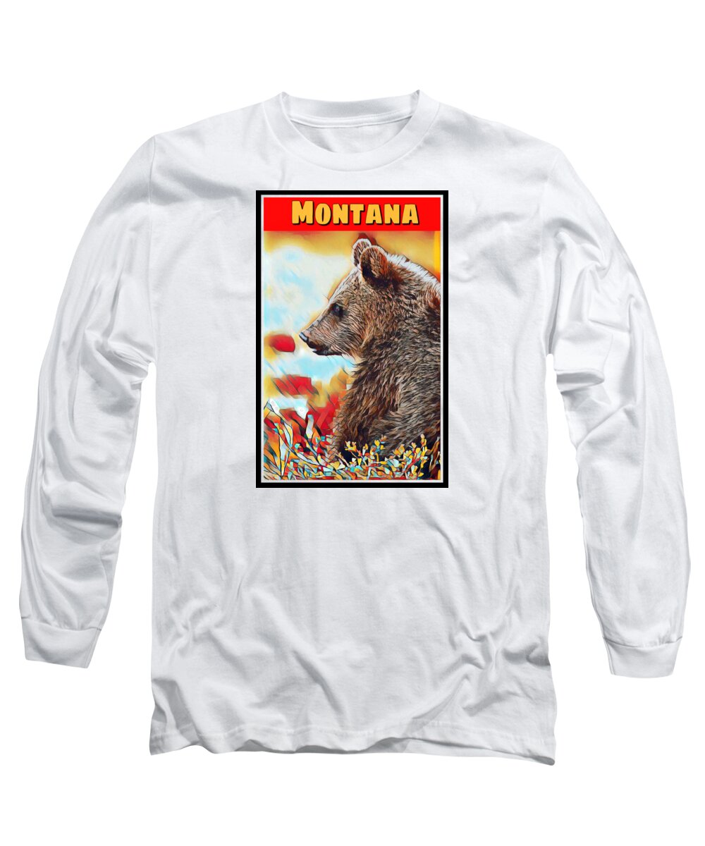Wildlife Long Sleeve T-Shirt featuring the mixed media Grizzly Bear Art Montana Wildlife Travel Poster by Shelli Fitzpatrick