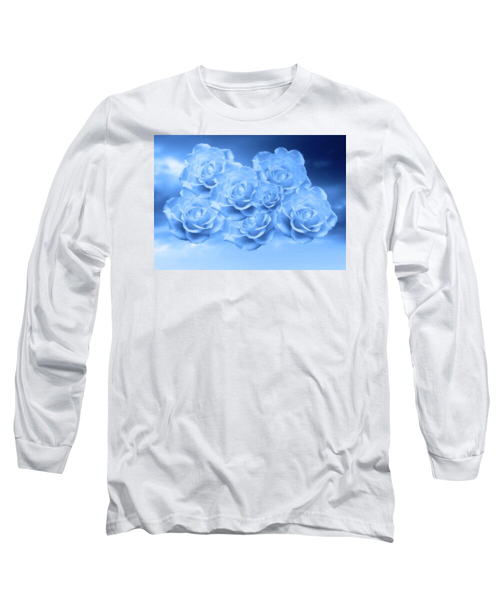 Soft Long Sleeve T-Shirt featuring the mixed media Heavenly Light Blue Roses by Johanna Hurmerinta