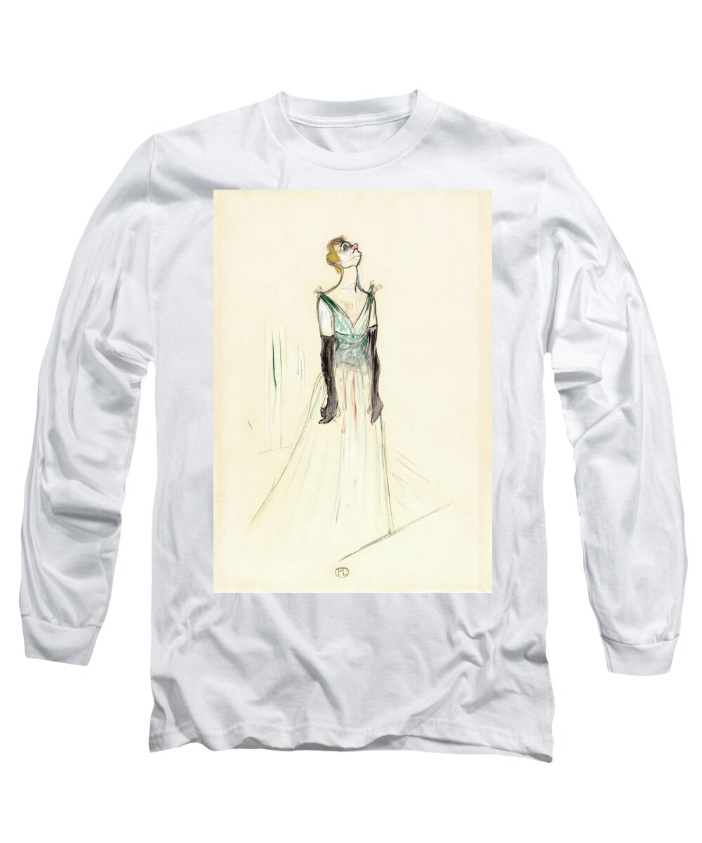 Gouache Long Sleeve T-Shirt featuring the drawing Henri de Toulouse-Lautrec -Albi, 1864-Langon, 1901-. Yvette Guilbert -1893-. Gouache and charcoal... by Henri de Toulouse Lautrec -1864-1901-