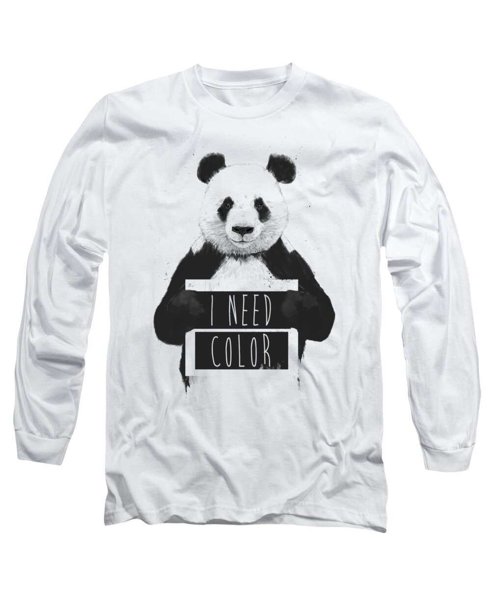 Panda Long Sleeve T-Shirt featuring the mixed media I need color by Balazs Solti