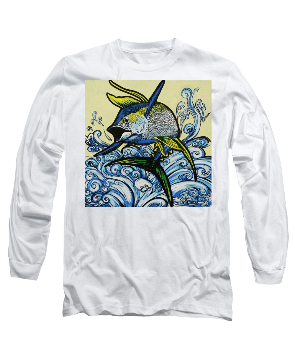 Yellowfin Long Sleeve T-Shirt featuring the painting Jumping Tuna by John Gibbs