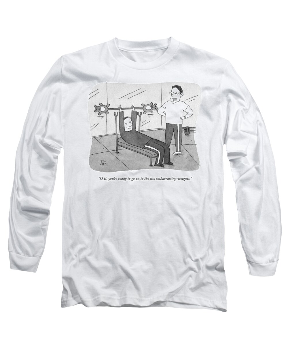 okay Long Sleeve T-Shirt featuring the drawing Less Embarrassing Weights by Peter C Vey