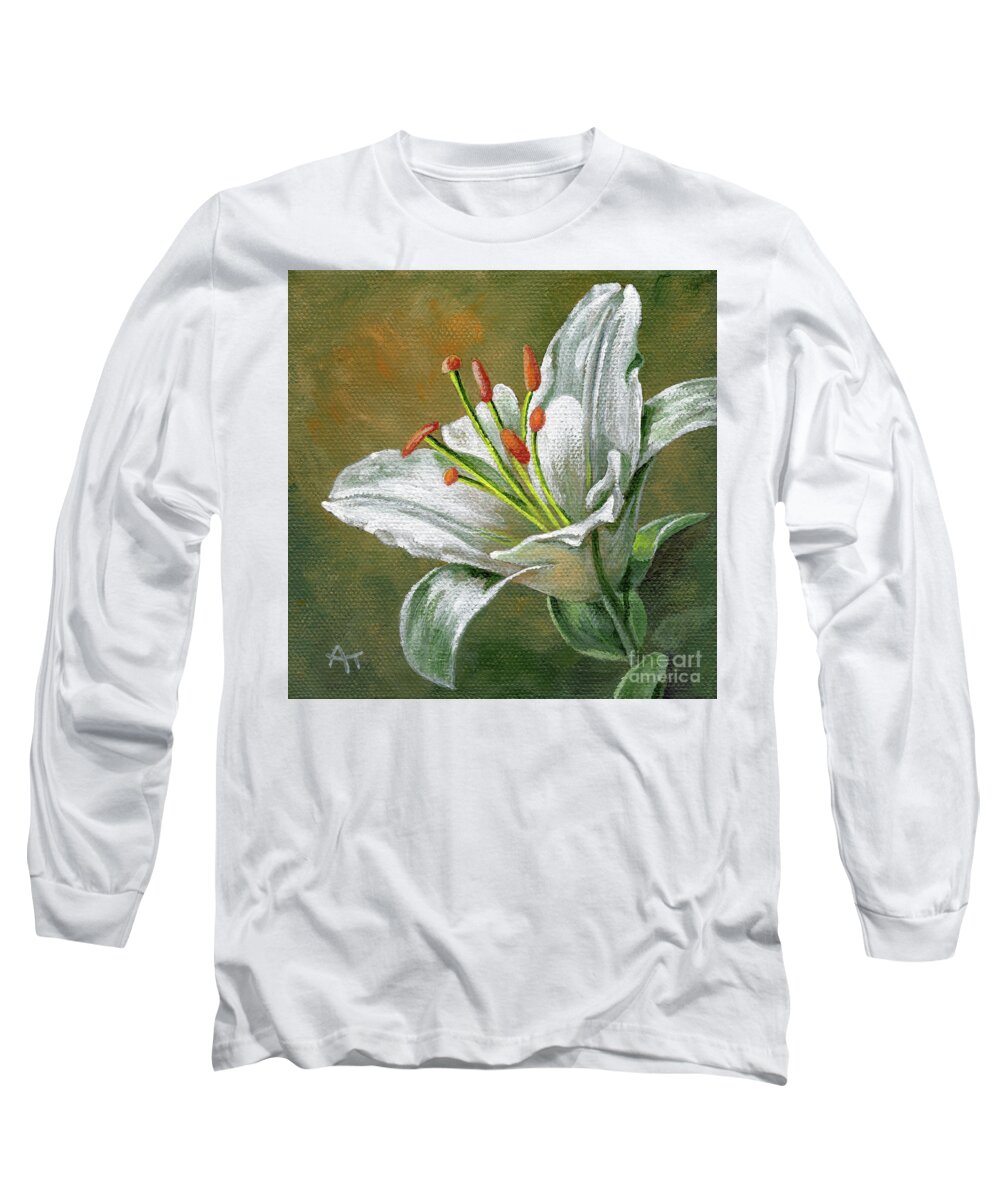 Flower Long Sleeve T-Shirt featuring the painting Lily White Flower - right by Annie Troe