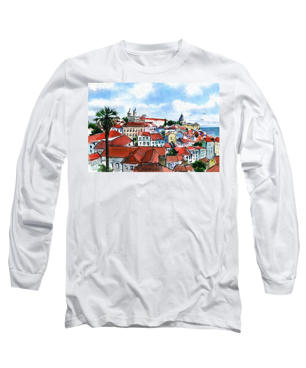 Portugal Long Sleeve T-Shirt featuring the painting Lisbon by Dora Hathazi Mendes