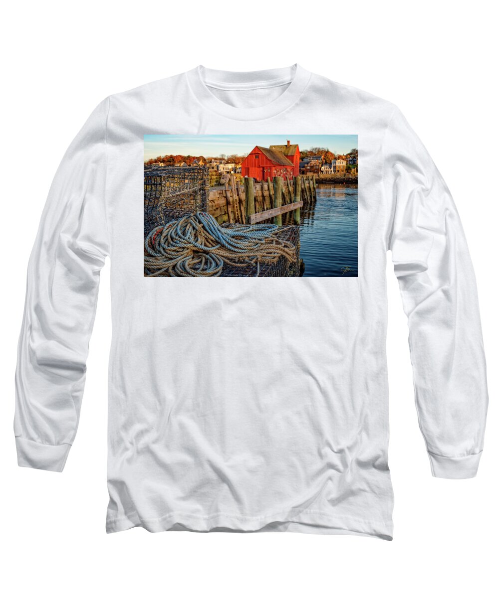 Massachusetts Long Sleeve T-Shirt featuring the photograph Lobster Traps and Line at Motif #1 by Jeff Sinon