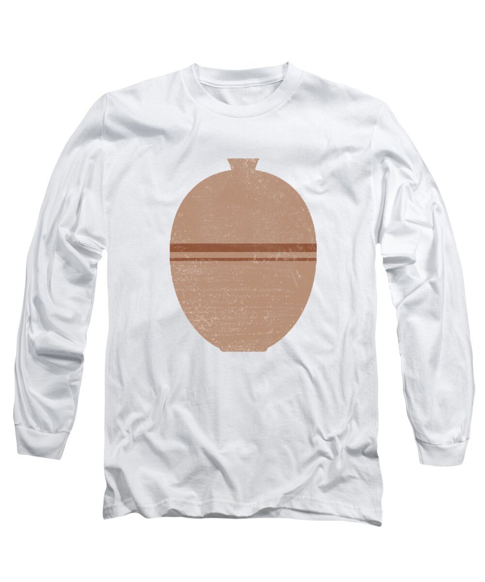 Abstract Long Sleeve T-Shirt featuring the mixed media Minimal Abstract Greek Pottery 2 - Lebes - Terracotta Series - Modern, Contemporary Print - Beige by Studio Grafiikka