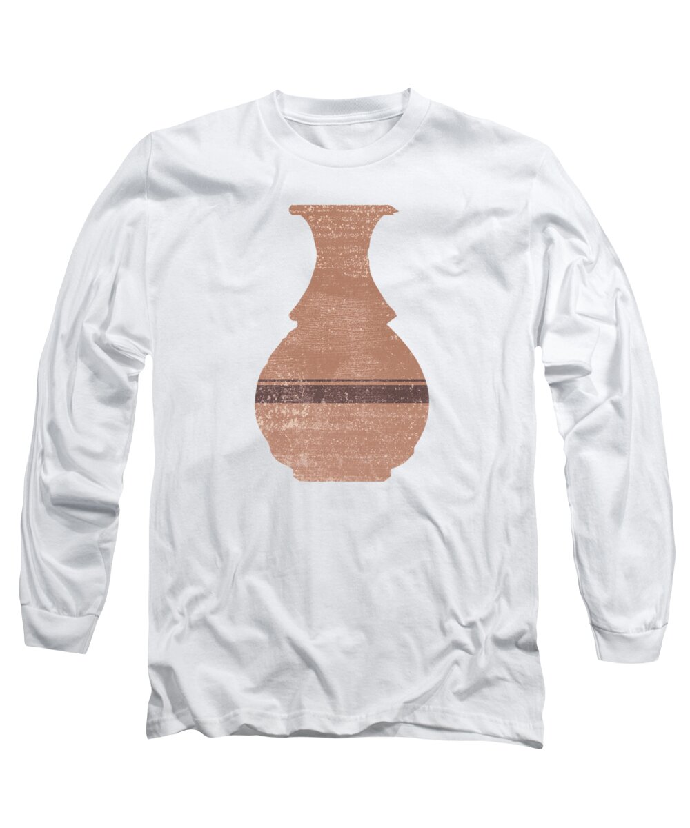 Abstract Long Sleeve T-Shirt featuring the mixed media Minimal Abstract Greek Vase 17 - Hydria - Terracotta Series - Modern, Contemporary Print - Tan by Studio Grafiikka