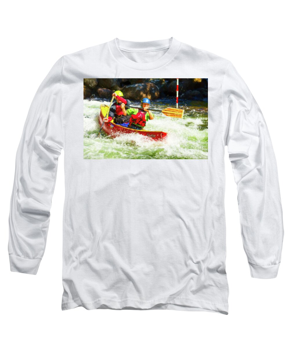 Canoe Long Sleeve T-Shirt featuring the digital art Mixed Tandem Canoe Whitewater Race - Painterly by Les Palenik
