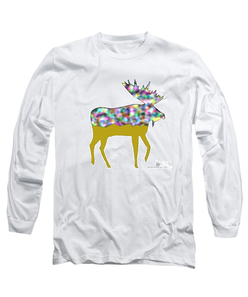 Moose Long Sleeve T-Shirt featuring the digital art Moose with Rainbow Gold by Monika Shepherdson
