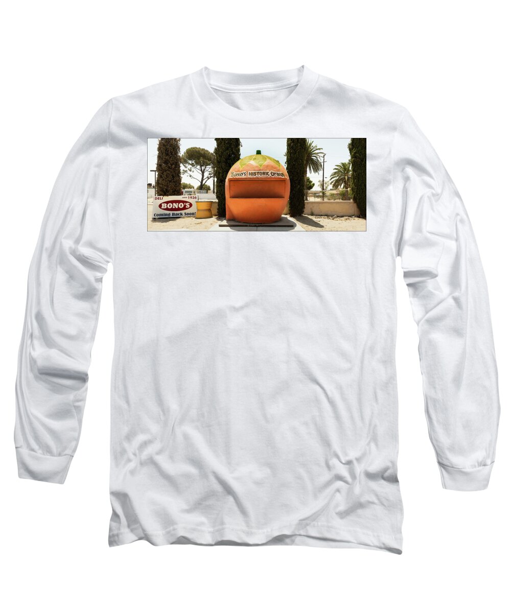 Bono's Long Sleeve T-Shirt featuring the photograph Orange Juice Stand, Route 66, Fontana by Andy Romanoff