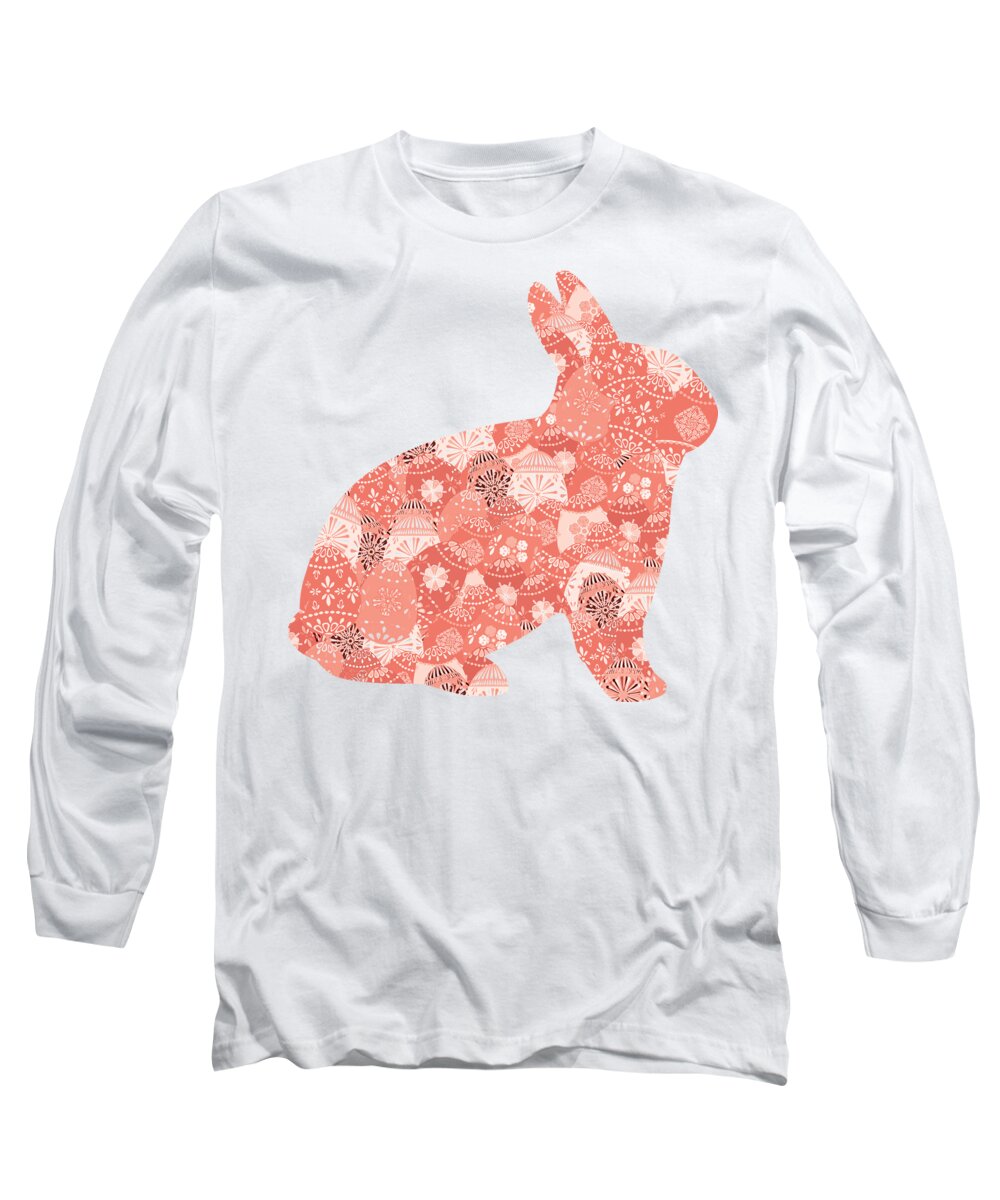 Bunny Long Sleeve T-Shirt featuring the digital art Patchwork Bunny in Trendy Living Coral by Marianne Campolongo