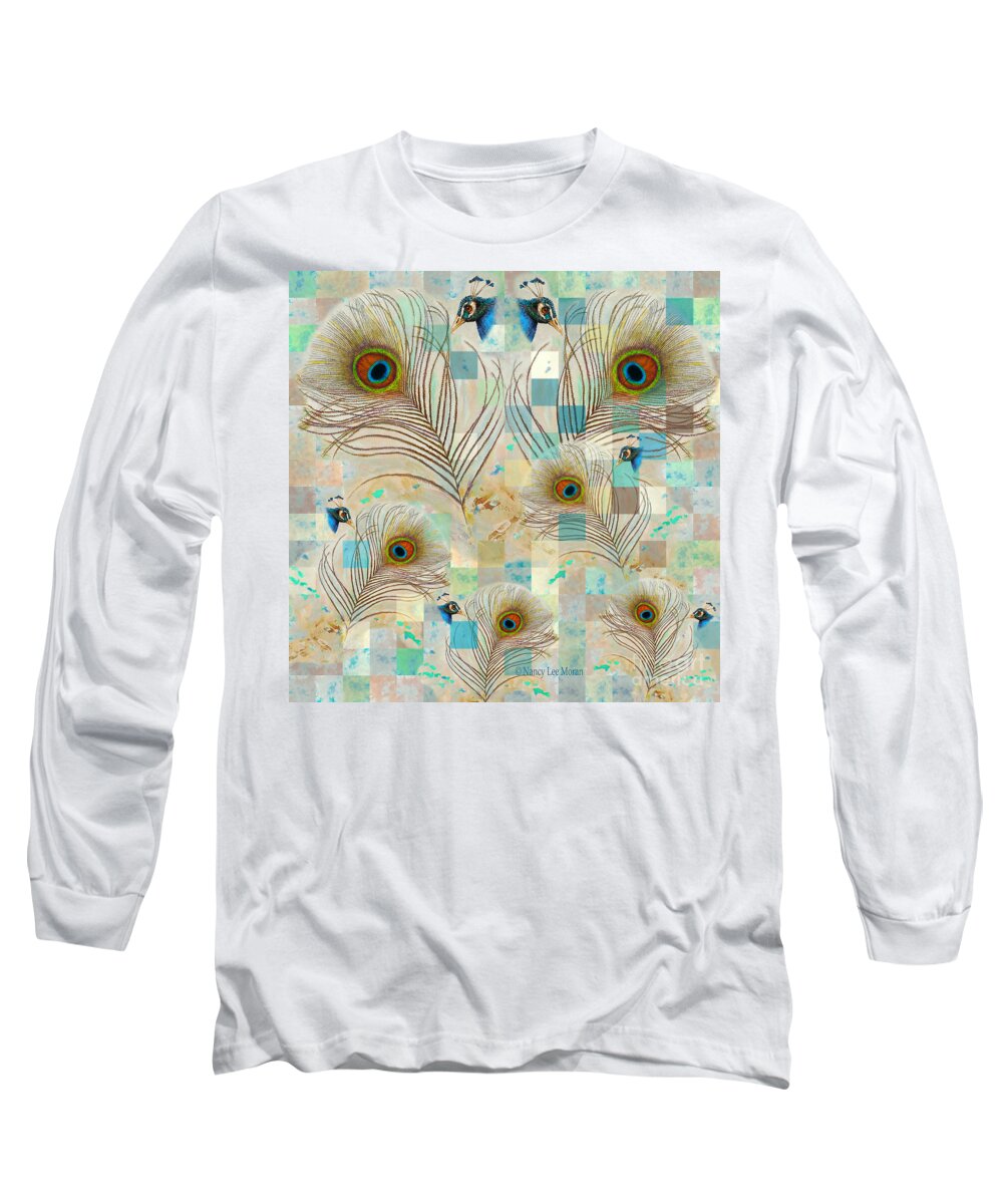 Beautiful Peacock Long Sleeve T-Shirt featuring the mixed media Peacock Fascination Feathers and Faces by Nancy Lee Moran