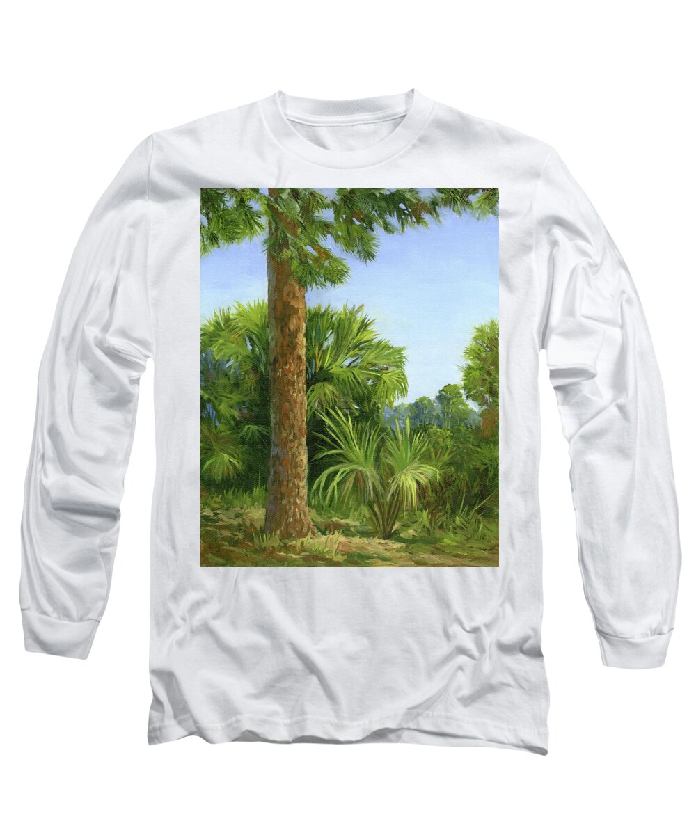 Landscape Long Sleeve T-Shirt featuring the painting Pine and Palms by Donna Tucker