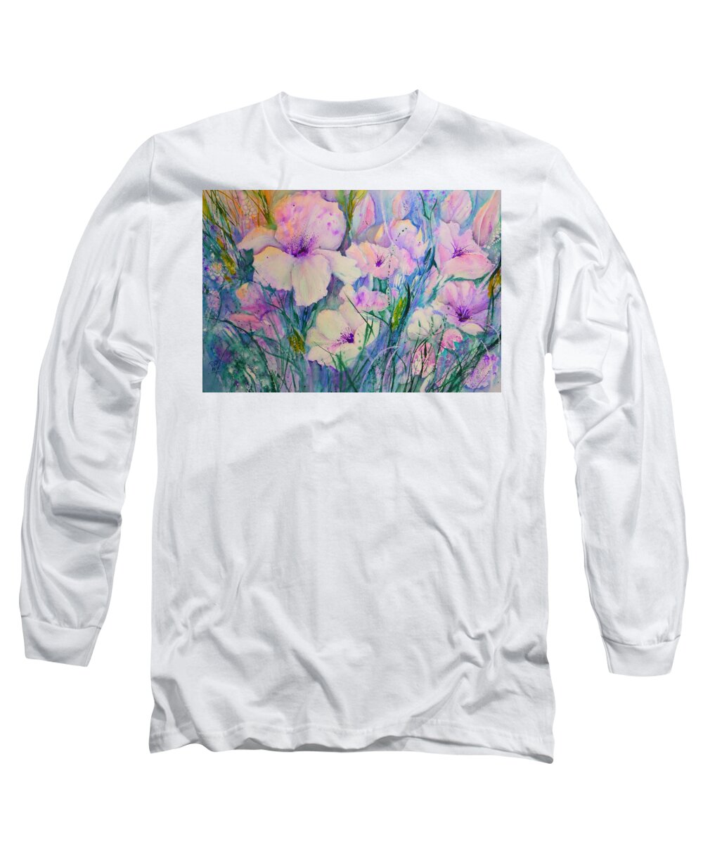 Pink And Purple Spring Flower Medley Long Sleeve T-Shirt featuring the painting Spring Flower Medley pink and purple by Sabina Von Arx